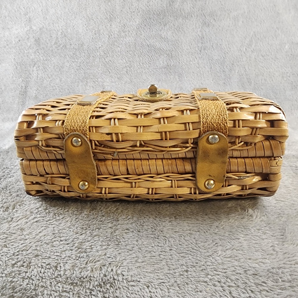 Vintage Bonnie International Wicker Box Handbag Tan Woven Purse Gold Hardware - Picture 7 of 10